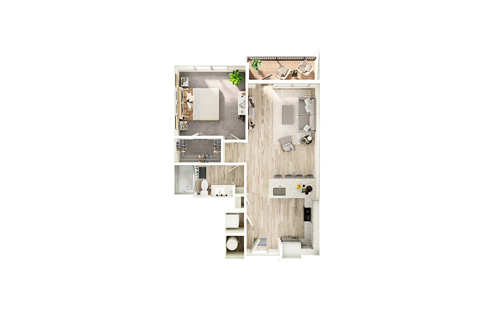 A6 - 1 bedroom floorplan layout with 1 bath and 736 square feet.