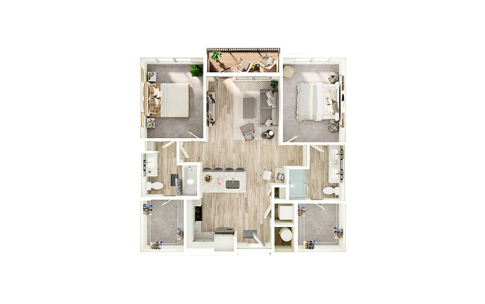 B1 - 2 bedroom floorplan layout with 2 baths and 1067 square feet.