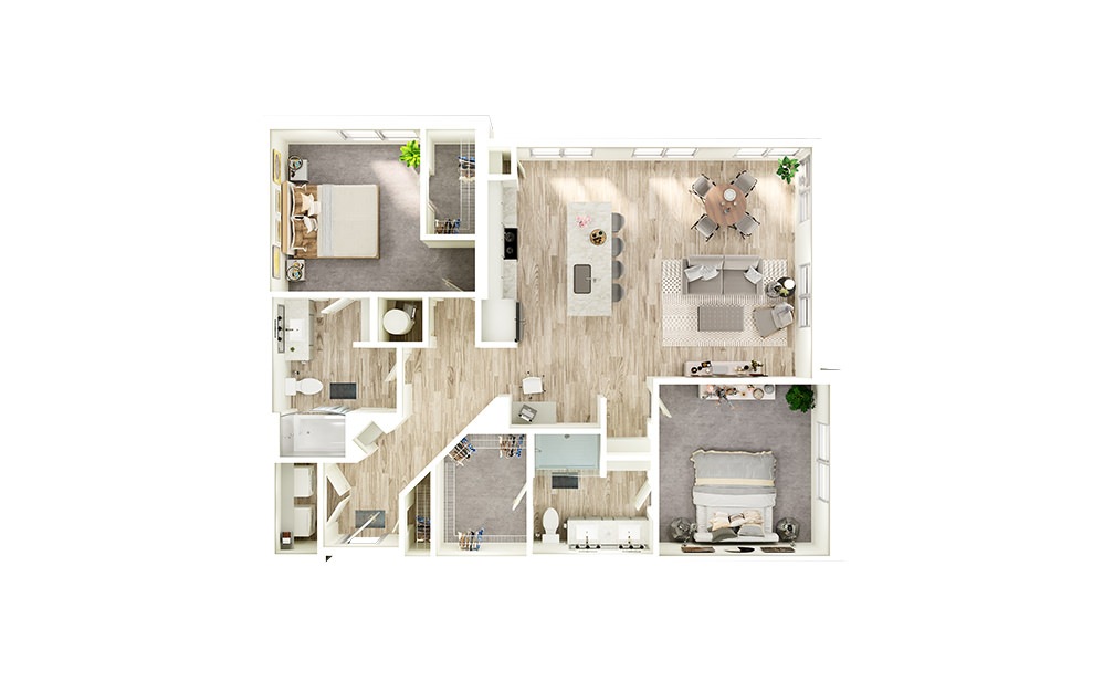 B5 - 2 bedroom floorplan layout with 2 baths and 1357 square feet.